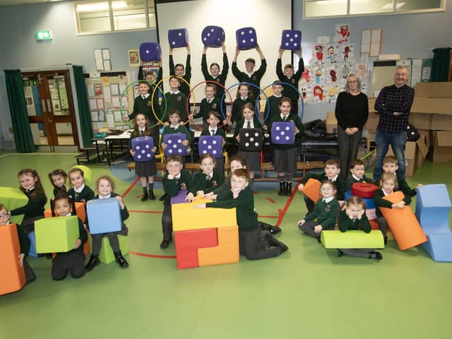 FUN MATHS AT GREENHAW!. . . .Pupils from Greenhaw Primary School who took part in 'Fun Maths' at the school this week. Included is Franz Schlindwein, facilitator and Mrs. Fiona Gallick, Vice Principal and the school's Maths Co-Ordinator. (Photos: Jim McCafferty Photography)