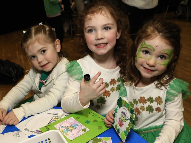 Aya June McCay with Rosie and Ailbhe Long at the St Patrick’s Family Day held in An Cultúrlann. (Photo - Tom Heaney, nwpresspics)