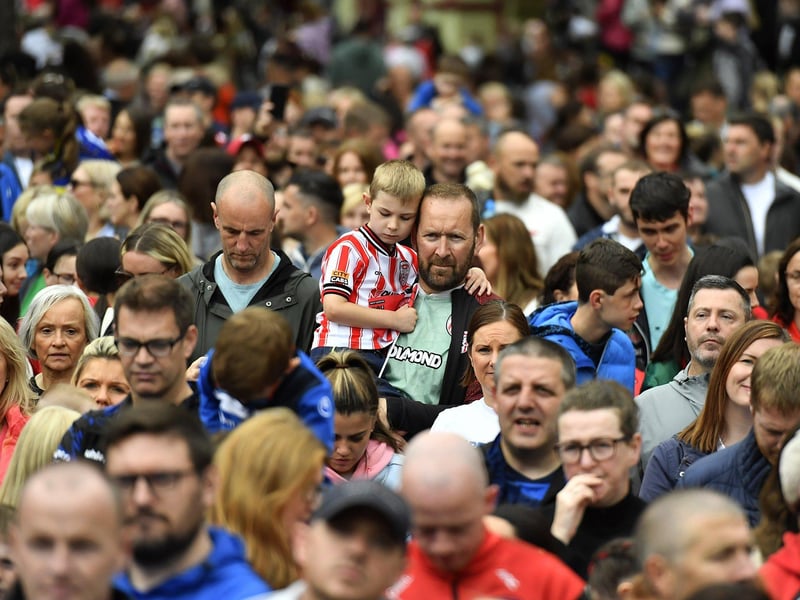 Foyle Cup teams and supporters gather in Guildhall Square. Photo: George Sweeney