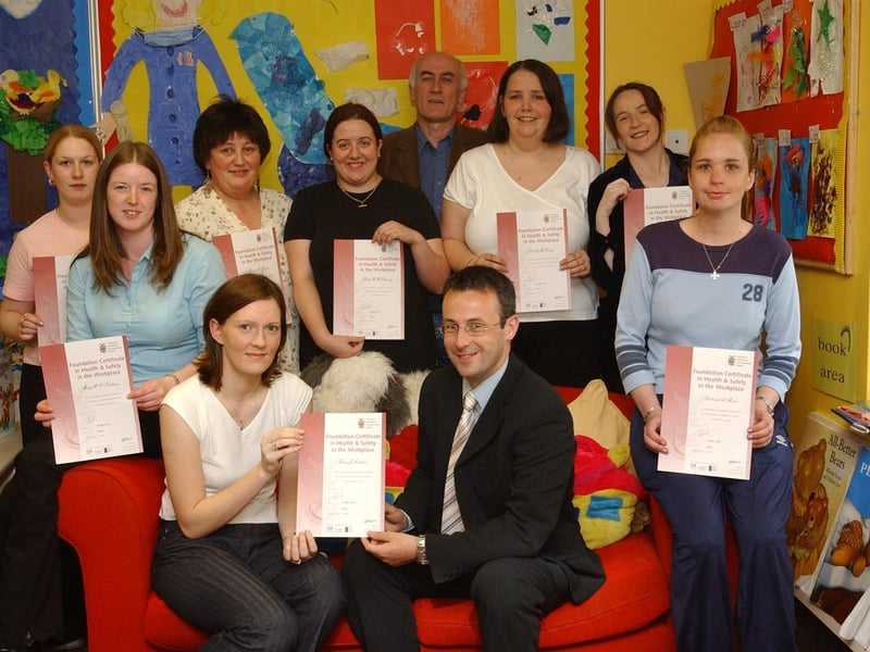 Staff from the Rainbow Child and Family Centre receive certificates after completing a foundation course in health and safety in the workplace. Included, seated from left, Mary O'Sullivan, Ciara Ashford, Patsy McHugh and Debra Reid. Standing, from left, Michelle Dunn, Maura Starkie, leader, Lisha McElhinney, Eamon Baker, CDLI, Caitlin Tracey, centre manager, and Sinead King.