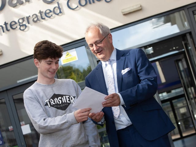 Mr. John Harkin, Principal, Oakgrove Integrated College congratulating Jude Gallagher on his A Level results on Thursday. (Photos: Jim McCafferty Photography)