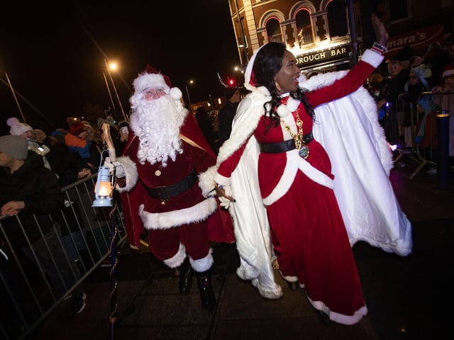 Santa Claus and the Mayor make their way into Guildhall Square on Friday night before the Christmas lights switch-on.