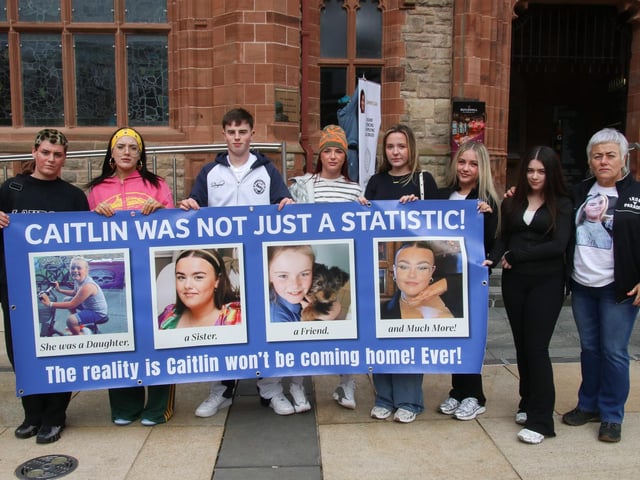 The family of Caitlin holding a banner at the Anti-drugs rally, Guildhall Square. (Photo - Deirdre Heaney, nwpresspics)