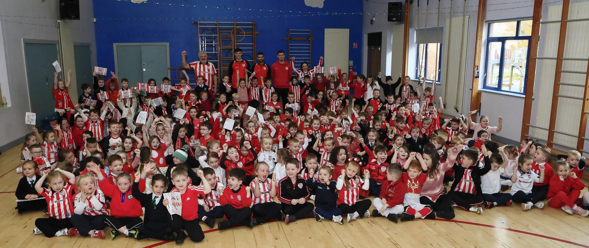 Derry City FC players players Michael Duffy, Brian Maher and Conal McDermott pre-Cup final visit St. Patrick’s PS, Pennyburn,  (Photo - Tom Heaney, nwpresspics)