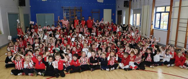 Derry City FC players players Michael Duffy, Brian Maher and Conal McDermott pre-Cup final visit St. Patrick’s PS, Pennyburn, (Photo - Tom Heaney, nwpresspics)