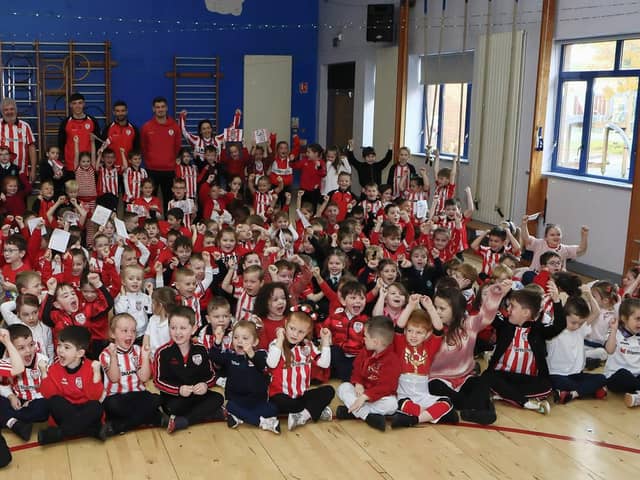 Derry City FC players players Michael Duffy, Brian Maher and Conal McDermott pre-Cup final visit St. Patrick’s PS, Pennyburn,  (Photo - Tom Heaney, nwpresspics)