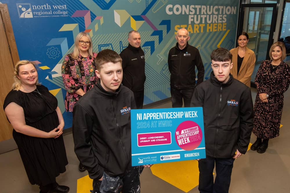 Stephanie McGuinness, NWRC Curriculum Manager for Health, Michelle Breslin, Compliance and Admissions Manager NWRC, Joe Porteous,  Curriculum Manager for Crafts, John Cartin, Deputy Head of Training and Skills at NWRC, Orlaith McEleney, Skills Development Officer for All Age Apprenticeships and Helen McGonigal, Higher Level Apprenticeship Skills Development Officer pictured with Tiling Apprentice Reece McCallion and Corey Sweeney Cullen, Painting and Decorating Apprentice to launch a series of events at NWRC for Northern Ireland Apprenticeship Week. 



