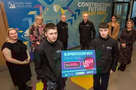 Stephanie McGuinness, NWRC Curriculum Manager for Health, Michelle Breslin, Compliance and Admissions Manager NWRC, Joe Porteous,  Curriculum Manager for Crafts, John Cartin, Deputy Head of Training and Skills at NWRC, Orlaith McEleney, Skills Development Officer for All Age Apprenticeships and Helen McGonigal, Higher Level Apprenticeship Skills Development Officer pictured with Tiling Apprentice Reece McCallion and Corey Sweeney Cullen, Painting and Decorating Apprentice to launch a series of events at NWRC for Northern Ireland Apprenticeship Week. 



