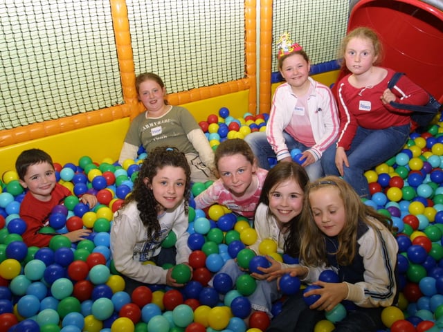 The party group having fun in the ball pit.