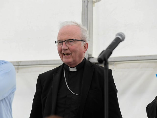 Bishop Donal McKeown speaking at the 50th anniversary of the blessing of the Greencastle fleet. Photo: George Sweeney