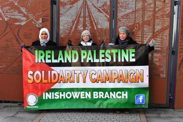 Representatives of the IPSC Inishowen Branch attend the pro-Palestinian solidarity rally held in Derry  on Saturday afternoon.  Photo: George Sweeney