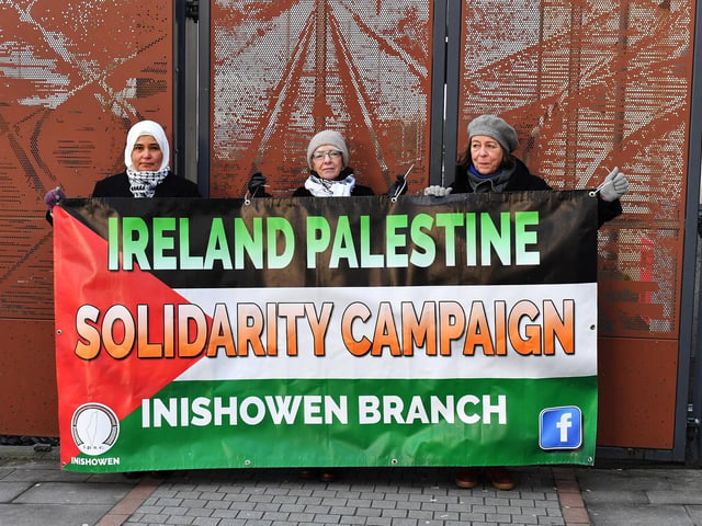 Representatives of the IPSC Inishowen Branch attend the pro-Palestinian solidarity rally held in Derry on Saturday afternoon. Photo: George Sweeney