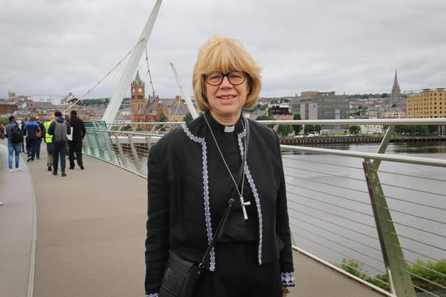 The new Archbishop of Canterbury, the Most Revd and Rt Hon Dame Sarah Mullally DBE, on the Peace Bridge during a visit to the city on Wednesday. (Photo - Deirdre Heaney, nwpresspics)