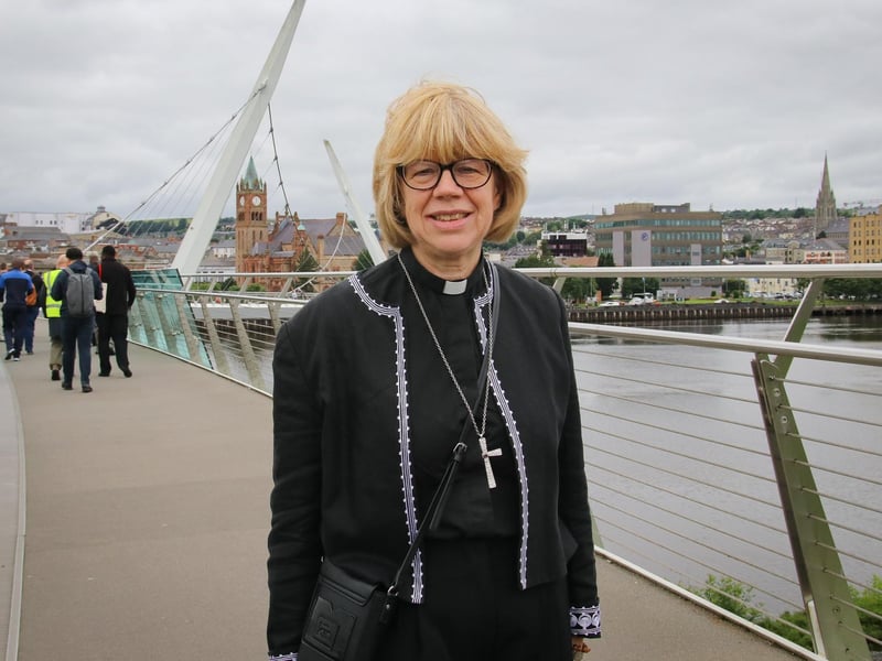 The new Archbishop of Canterbury, the Most Revd and Rt Hon Dame Sarah Mullally DBE, on the Peace Bridge during a visit to the city on Wednesday. (Photo - Deirdre Heaney, nwpresspics)