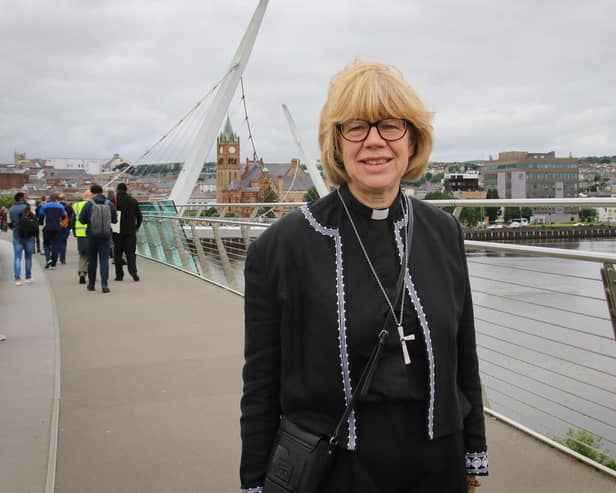 The new Archbishop of Canterbury, the Most Revd and Rt Hon Dame Sarah Mullally DBE, on the Peace Bridge during a visit to the city on Wednesday. (Photo - Deirdre Heaney, nwpresspics)