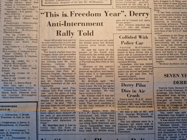 The introduction to the article reads: "About 400 people took part in an anti-internment march and rally organised by Provisional Sinn Fein in Derry on Friday Night."