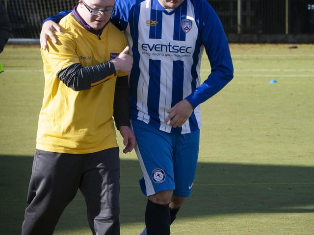 Connecting through football during last week’s Peace Games were players from FDST and Coleraine Strikers.