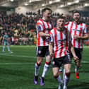 Ronan Boyce celebrates after giving Derry City the lead with a sublime finish from distance. Photograph by Kevin Moore.