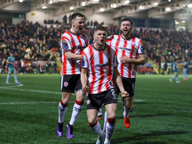 Ronan Boyce celebrates after giving Derry City the lead with a sublime finish from distance. Photograph by Kevin Moore.