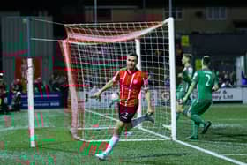 Derry City goalscorer Michael Duffy celebrates after his 19th minute strike against Finn Harps at Brandywell. Photo by Kevin Moore.