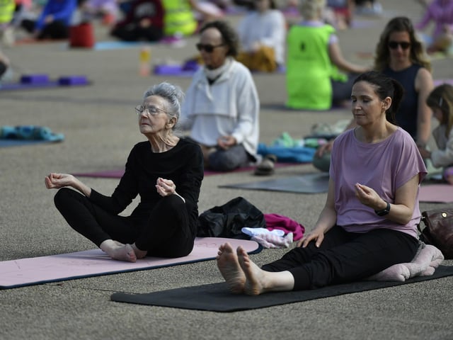 Participants at the Northlands Well Being Yoga event held in Ebrington Square on Saturday morning. The event was part of the Northlands 50th Anniversary Celebrations. Photo: George Sweeney
