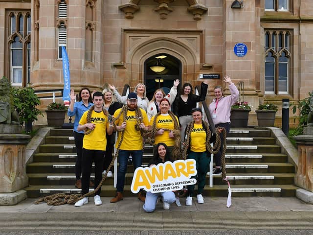 Pictured are Ulster University students who will abseil  the City Hotel Derry, on Sunday 9th June, in support of AWARE NI's mental health charity.  Photo: George Sweeney