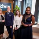 Pictured at the official opening of the new headquarters of Alchemy Technology Services at Ebrington Plaza are (L-R) deputy First Minister Emma Little-Pengelly, First Minister Michelle O'Neill, Alchemy founder and CEO John Harkin, Economy Minister Dr Caoimhe Archibald and Mayor of Derry and Strabane, Colr. Lilian Seenoi Barr.