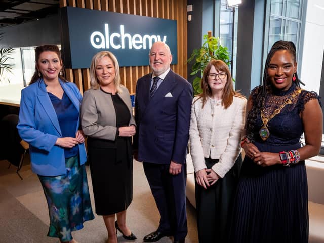 Pictured at the official opening of the new headquarters of Alchemy Technology Services at Ebrington Plaza are (L-R) deputy First Minister Emma Little-Pengelly, First Minister Michelle O'Neill, Alchemy founder and CEO John Harkin, Economy Minister Dr Caoimhe Archibald and Mayor of Derry and Strabane, Colr. Lilian Seenoi Barr.