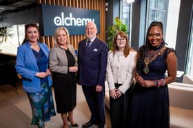 Pictured at the official opening of the new headquarters of Alchemy Technology Services at Ebrington Plaza are (L-R) deputy First Minister Emma Little-Pengelly, First Minister Michelle O'Neill, Alchemy founder and CEO John Harkin, Economy Minister Dr Caoimhe Archibald and Mayor of Derry and Strabane, Colr. Lilian Seenoi Barr.