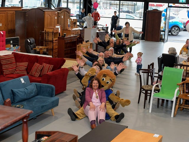 Mayor Patricia, Foyle Hospice staff and visitors, to the new Hospice shop in Pennyburn Industrial Estate, getting some ‘Rock the Boat’ practice for the record attempt to be held on Shipquay Street on Saturday 4th May. Photo: George Sweeney