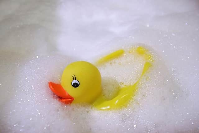 HAMBURG, GERMANY - JANUARY 13: A rubber duck swims in a foam bath in a bath tub on January 13, 2007 in Hamburg, Germany. (Photo Illustration by Alexander Hassenstein/Getty Images)