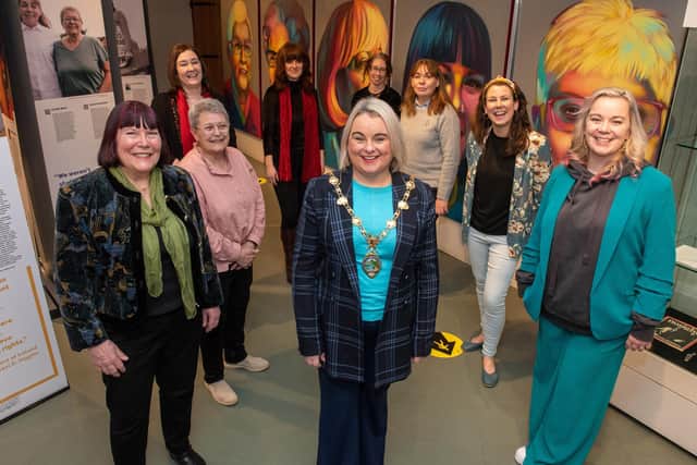 The Mayor Councillor Sandra Duffy pictured at the launch of Peace Heroines of Northern Ireland Exhibition at Derry City and Strabane District Council’s Tower Museum. The exhibition celebrates women who "wanted to create a better future" and is part of the Herstory programme which will tour various locations marking the 25th Anniversary of the Good Friday peace agreement. included are from left, Bronagh Hinds, Eileen Weir, Roisin Doherty, Museum Services,, Melanie Lynch, Bernadatte Walsh, City Archivist, Susan McCrory Joanne Fitzpatrick and the artist FRIZ who created the portriats. :.