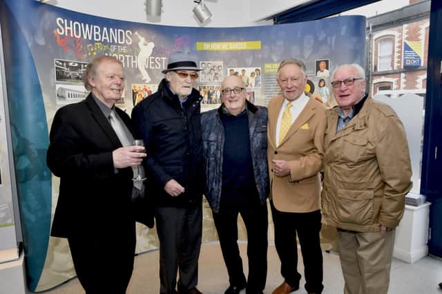 Johnny Quigley, far right, with George Hasson, Gay McIntyre, Frankie Robinson and Phil Coulter at the opening of the Showbands of the North West exhibition in The Garden of Reflection in 2018.