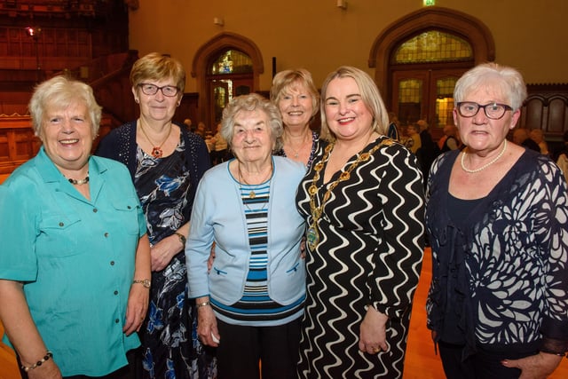 The Mayor Councillor Sandra Duffy once again welcomed people to the Guildhall as she hosted another popular Derry City and Strabane District Council Tea Dance. Included are, Phyllis Carlin, Myra Ballantine, Josie Dennison, Ruby Finley and Jane Mullin.  Picture Martin McKeown. 09.11.22:.:The Mayor's Tea Dance