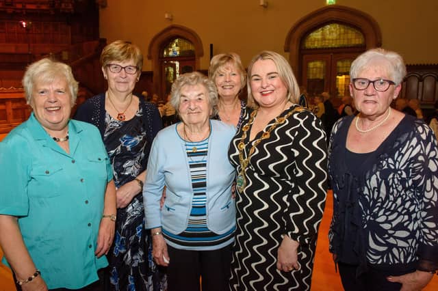 The Mayor Councillor Sandra Duffy once again welcomed people to the Guildhall as she hosted another popular Derry City and Strabane District Council Tea Dance. Included are, Phyllis Carlin, Myra Ballantine, Josie Dennison, Ruby Finley and Jane Mullin. Picture Martin McKeown. 09.11.22:.:The Mayor's Tea Dance