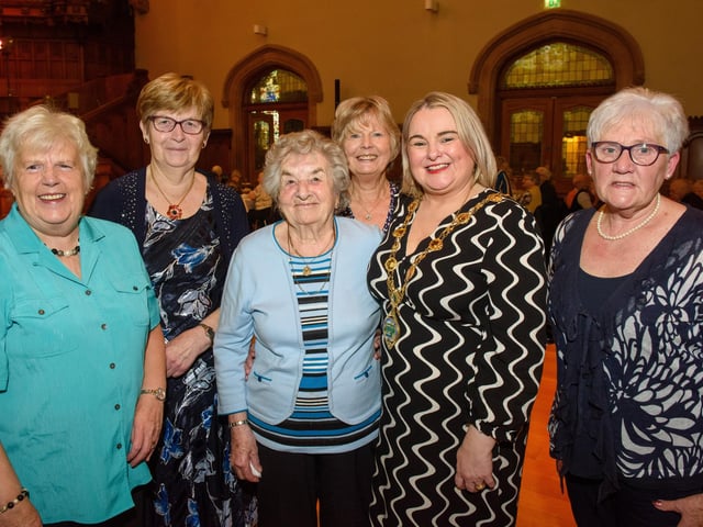 The Mayor Councillor Sandra Duffy once again welcomed people to the Guildhall as she hosted another popular Derry City and Strabane District Council Tea Dance. Included are, Phyllis Carlin, Myra Ballantine, Josie Dennison, Ruby Finley and Jane Mullin. Picture Martin McKeown. 09.11.22:.:The Mayor's Tea Dance