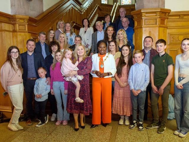 The Mayor Councillor Lilian Barr welcomed to the Guildhall members, family and friends of the Much Ado Stage School based in Castlederg and Strabane as the group marks its 30th anniversary. The school was founded by Rois Lynch and has recently been on stage with their production of Matilda. Included are Derg Councillors Alderman Derek Hussey and Ruairi McHugh. Picture Martin McKeown. 11.06.24