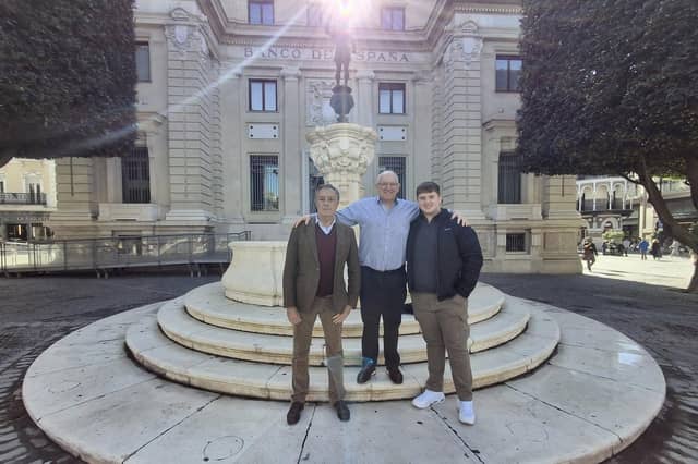 Derry father and son Marcas and Cormac Ó Murchú with Chieftain Ramón Ó Dogherty, head of the Clann Uí Dhochartaigh, in Seville.