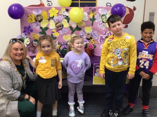 Derry and Strabane District Council Mayor Sandra Duffy pictured supporting Developmental Language Disorder (DLD) day in Ebrington PS.