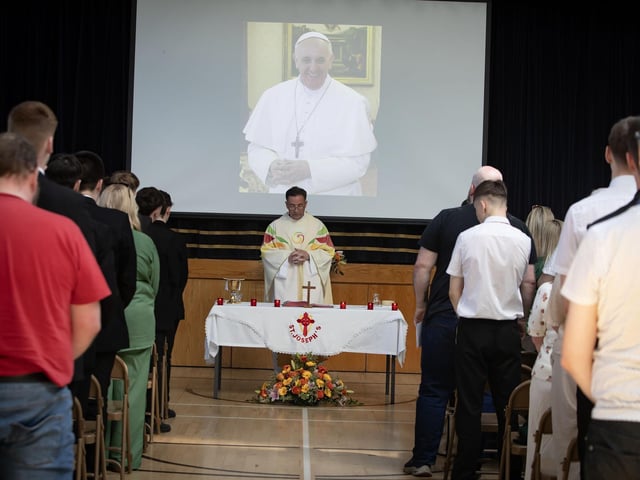 Celebrant Fr. Shaun Doherty beginning the Year 12 Leavers Mass on Wednesday at St. Joseph's Boys School. : .