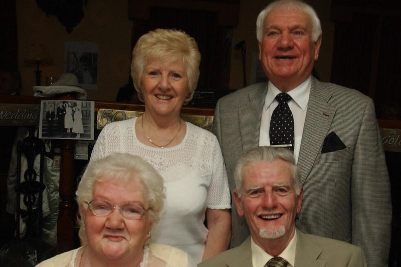Thelma and Edmund Harkin who celebrated their 50th wedding anniversary In Argyle with their Bridesmaid Margo McCracken and Bestman Georgie Gale. 