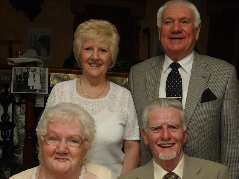 Thelma and Edmund Harkin who celebrated their 50th wedding anniversary In Argyle with their Bridesmaid Margo McCracken and Bestman Georgie Gale. 