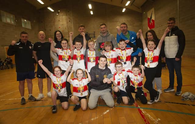 5K DASH CHAMPIONS!. . . . .St. Eugene’s PS, winners of the Bogside and Brandywell Health Forum’s Young People’s 5k Dash and Obstacle Challenge 2023 pictured after Thursday’s prizegiving in the Long Tower Youth Centre, Derry. (Photos: Jim McCafferty Photography)