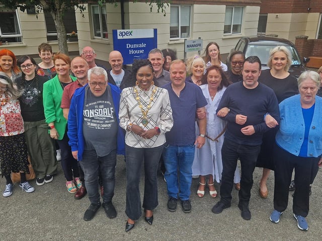 Colr Lilian Seenoi Barr, Mayor of Derry City & Strabane, is pictured with staff, tenants and family members at Dunvale House's 30th anniversary celebrations.