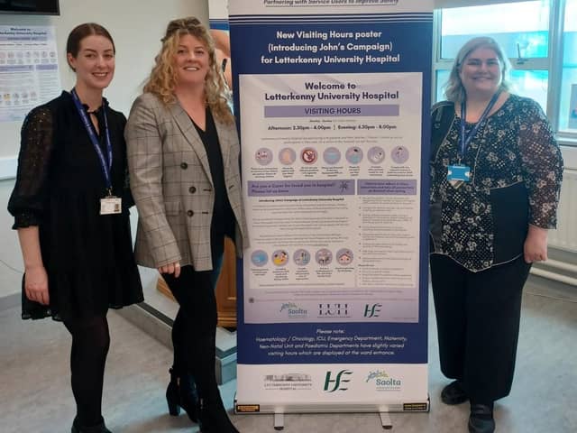 Aoibheann Moreton, Quality and Patient Safety Team; Niamh O Donnell, End of Life Care Co-ordinator; and Martina Porter, Quality and Patient Safety Manager in LUH at the launch of John’s Campaign.