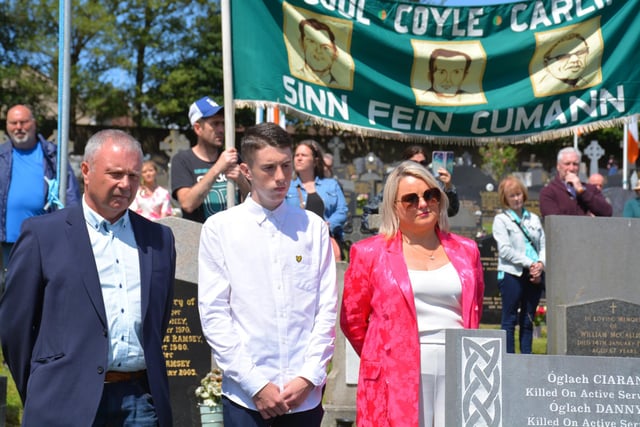 Sinn Féin councillor Sandra Duffy at the republican plot alongside Sean Hughes, on left.