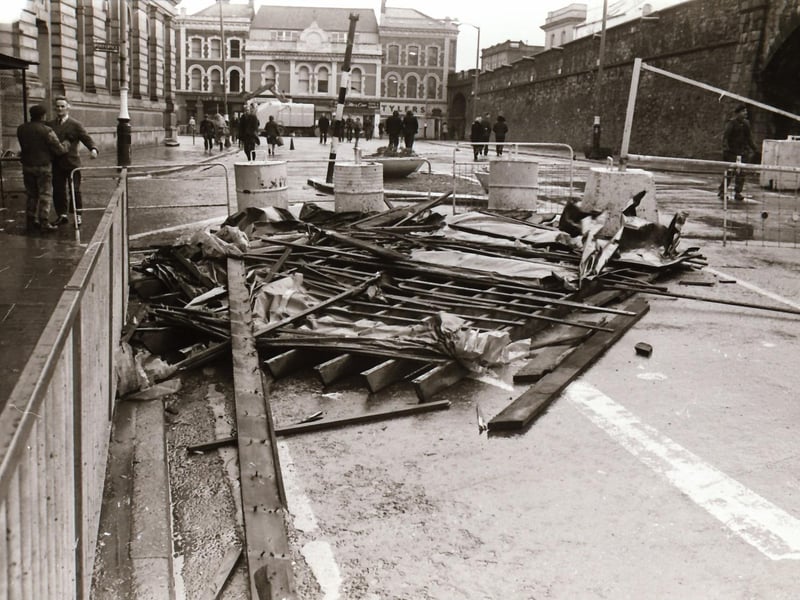 Storm damage at Guildhall Square and Waterloo Place.