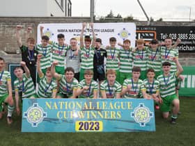 Top of the Hill Celtic celebrate winning the NIBFA Youth League U16 Cup, on Saturday.