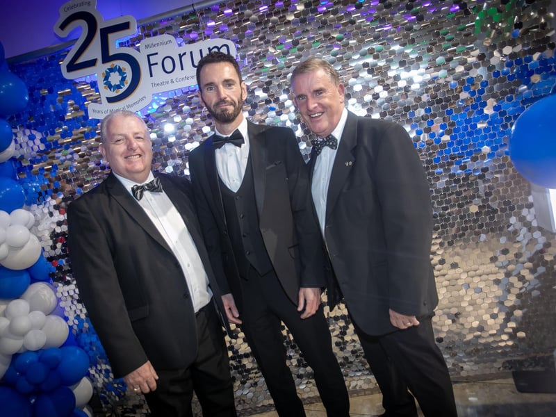 Group pictured at Friday night's 25th Anniversary Celebrations at the Millennium Forum. From left, Martin Bradley, Chair, Millennium Forum, Johnny McDaid, Patron, and Martin Mullan, director, Derry Theatre Trust.