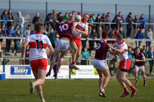HIGH FLYER . . .Conor Glass has capped a dream 2022 by being named on the 2022 PwC All-Star team, just days after lifting his second Derry club title with Glen. (Photo: George Sweeney)